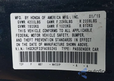 2015 Honda Accord Lx z USA, uszkodzony, nr VIN 1HGCR2F32FA095245